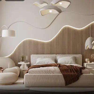 Curved Wood Fluted Ribbed Wall Panels With Upper Curved Design Panels & Bed Frames - Any Size! Custom - DWU55